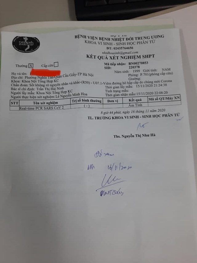 Thanh niên nghi mắc Covid-19 có kết quả âm tính với SARS-CoV-2